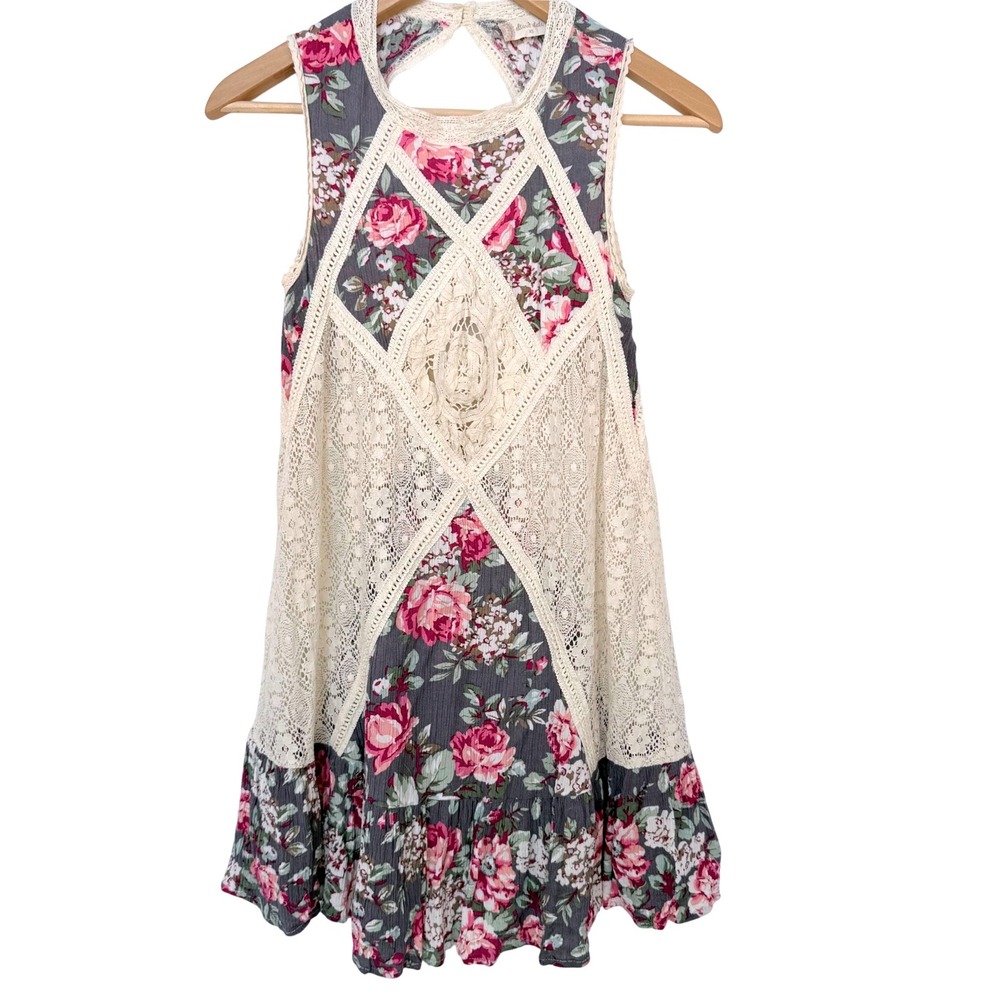 Womens Fairy Crochet Floral Lace Boho Keyhole Back Dress Pink‎ Festival Romantic